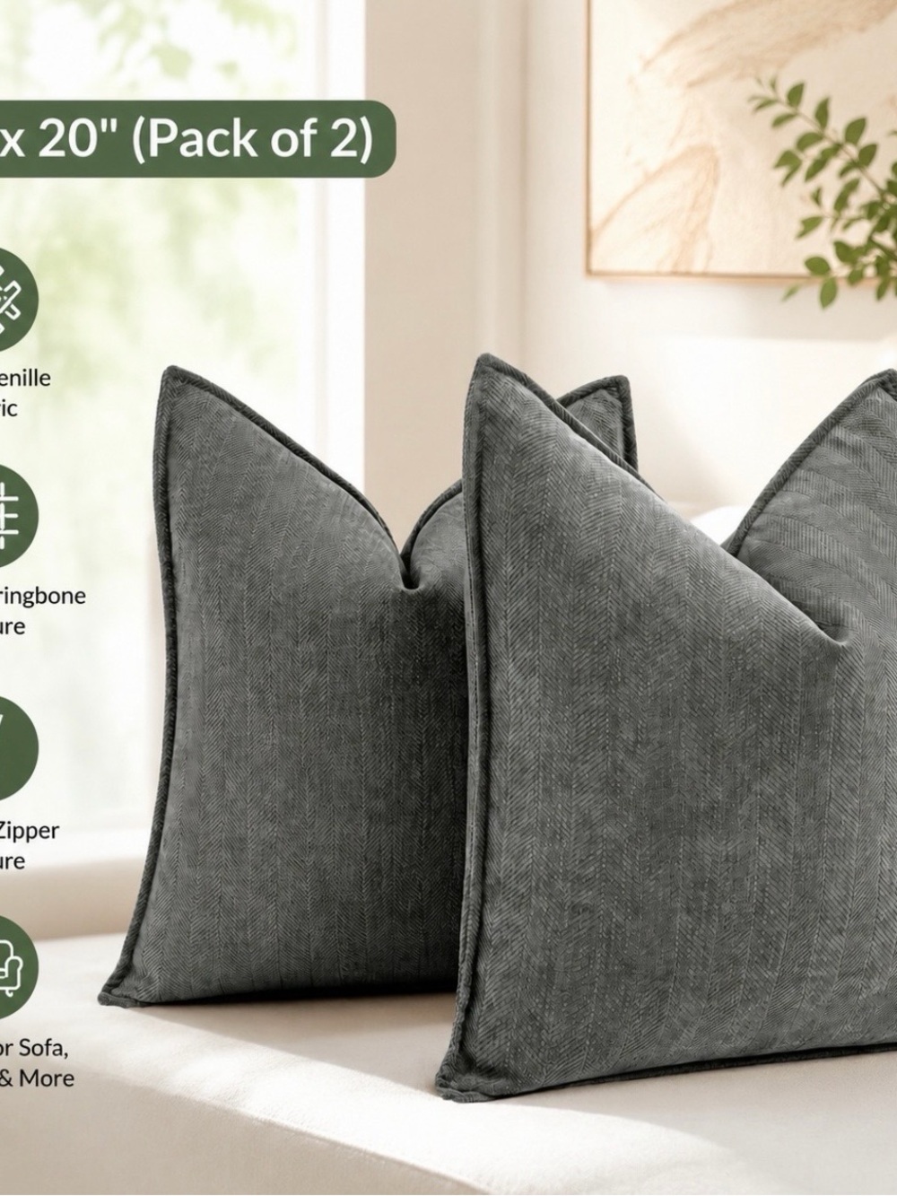 Grey Chenille Throw Pillow Covers - Pack of 2